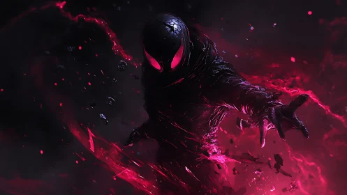 Shadowy cosmic hero reaching through glowing crimson storm.