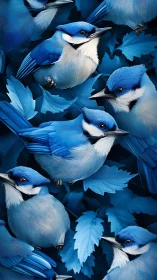 Digital painting of clustered blue jays in tonal foliage.