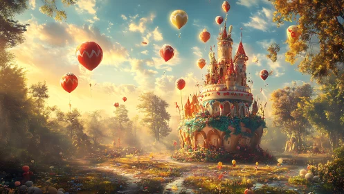 Whimsical balloon-crowned candy castle under golden dusk light