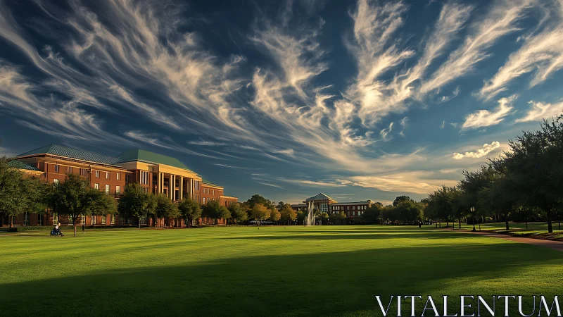 University campus lawn under dramatic evening sky.