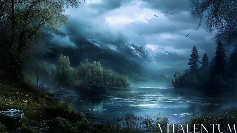 Moonlit mist over a quiet mountain lake at blue hour.