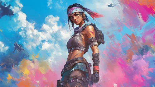 Bold sky warrior standing in a storm of bright colors.