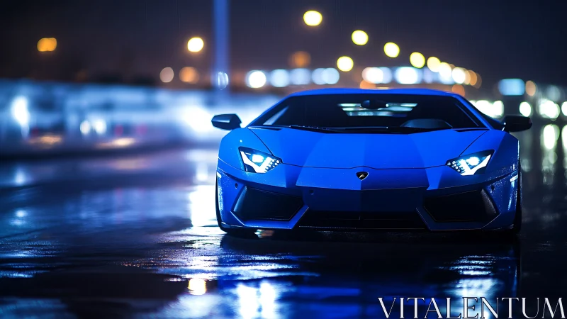 Blue sports car sits on wet city street under night lights