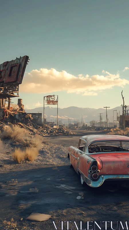 Rusting classic car in desolate sunlit post apocalyptic road.