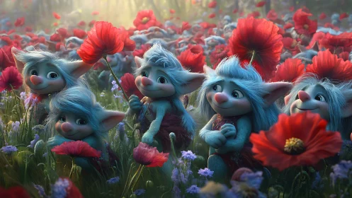 Blue-haired forest sprites in vibrant red poppy bloom