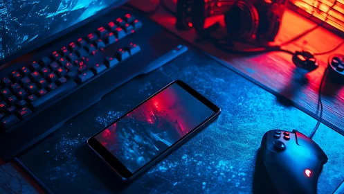RGB gaming desk with smartphone and illuminated peripherals