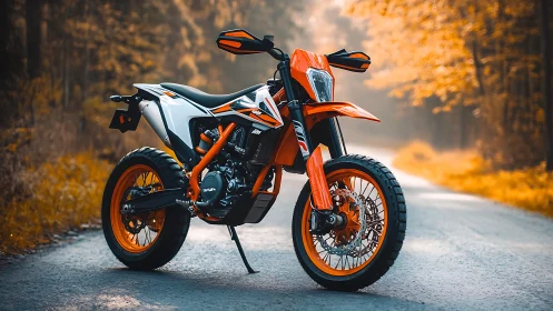 Orange dual-sport motorcycle on forest road in autumn light.