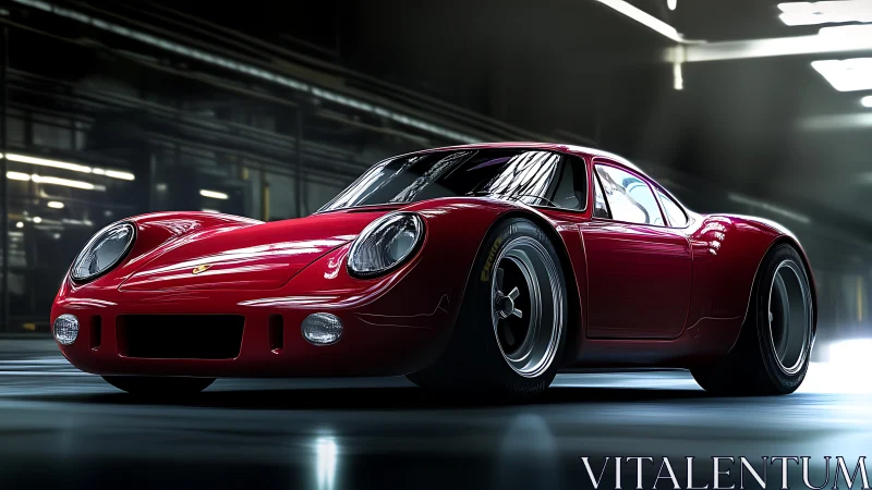 Sleek red sports coupe gleams under moody garage lights.