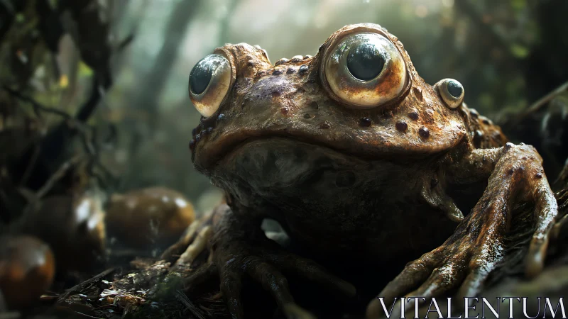 Giant fantasy toad rests alert in a misty forest floor glade