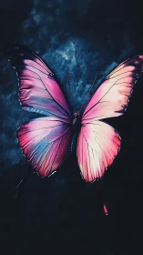 Iridescent pink butterfly with cinematic nocturnal glow.