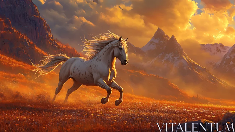Sunlit stallion galloping through blazing alpine valley.