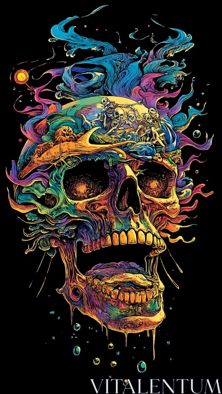 Psychedelic skull landscape swirling with cosmic decay.