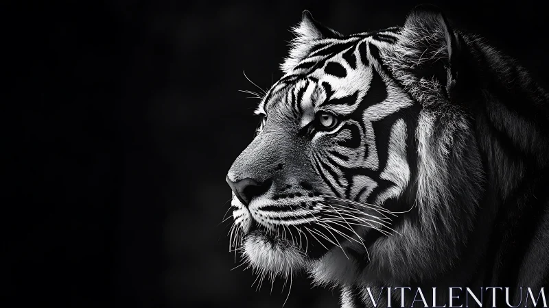 Monochrome profile portrait of a striped tiger head.