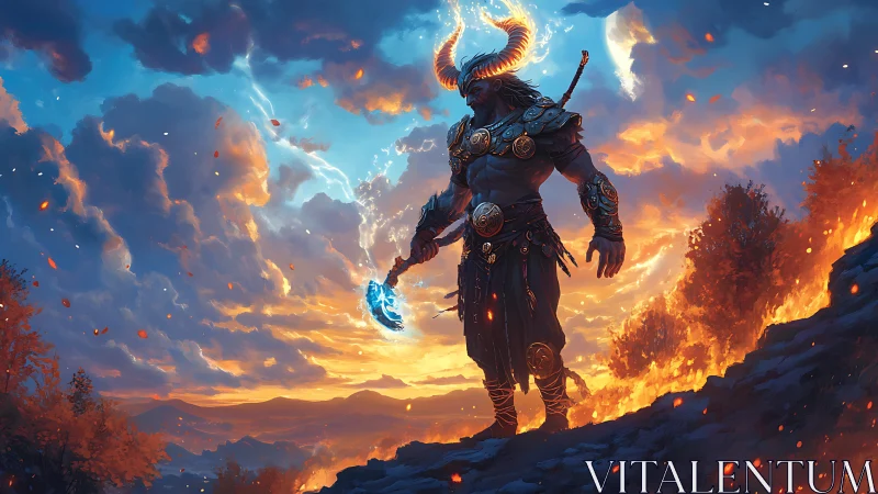 Horned warlord silhouette dominates lava ridge under charged sky