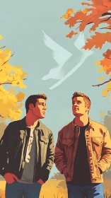 Two autumn wanderers trade glances beneath a ghostly goose