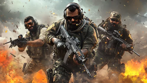 Battle-hardened soldiers advance through explosive chaos