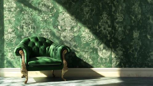 Tufted emerald armchair in raking sunlight against textured plaster wall