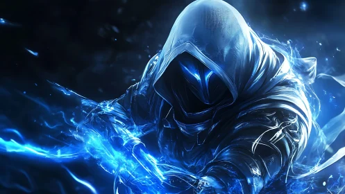 Arcane hooded warrior channeling electric blue stormlight.