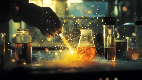 Laboratory hand ignites reactive orange solution with sparks