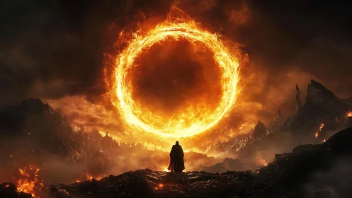 Solitary robed figure observing large fiery ring in sky.