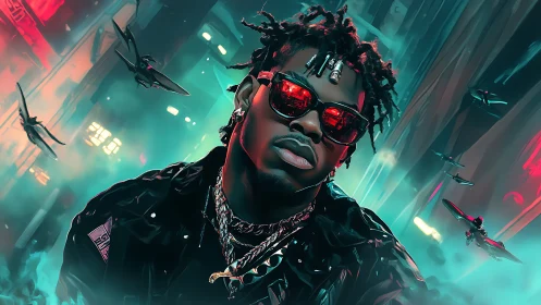 Cyberpunk portrait of man in neon city with drones in flight