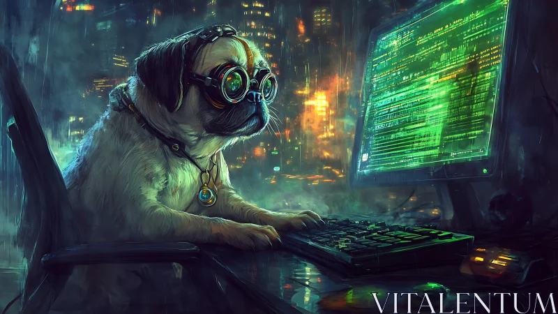 Cyberpunk hacker pug at glowing neon terminal at night.