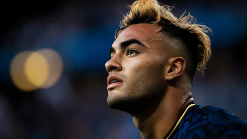 Floodlit focus frames a determined footballer’s rising gaze