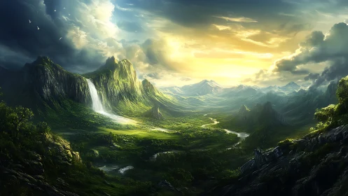 Golden dawn pours over emerald mountains and wild valley