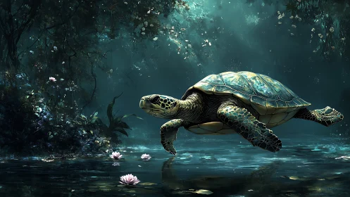 Majestic turtle glides through a mystical forest pond.