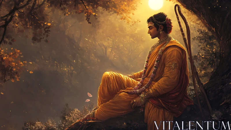 Golden-hour contemplative deity rendered in warm digital chiaroscuro