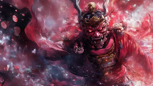 Horned armored demon figure amid red swirling energy field.