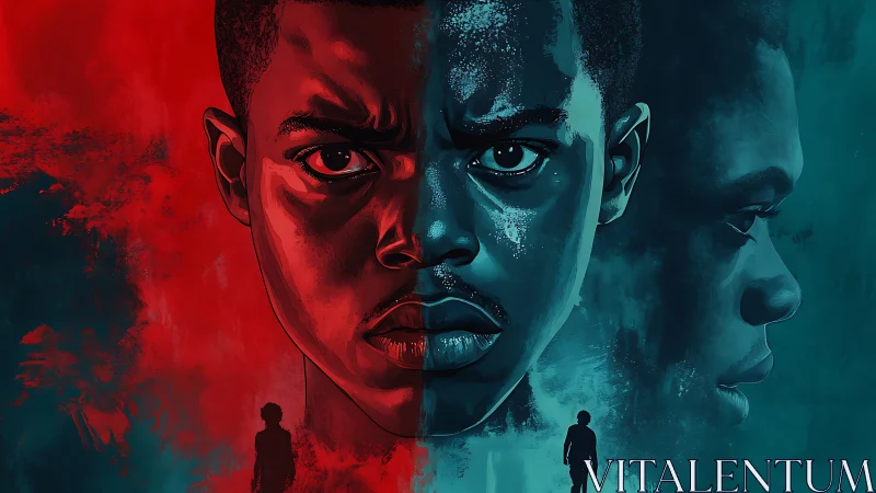 Central male portrait divides red and teal mirrored profiles