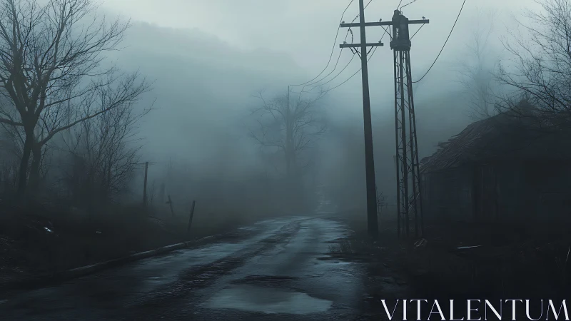 Desolate foggy road with leaning poles and ruined houses.
