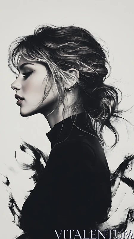 Monochrome profile portrait with expressive ink abstraction.