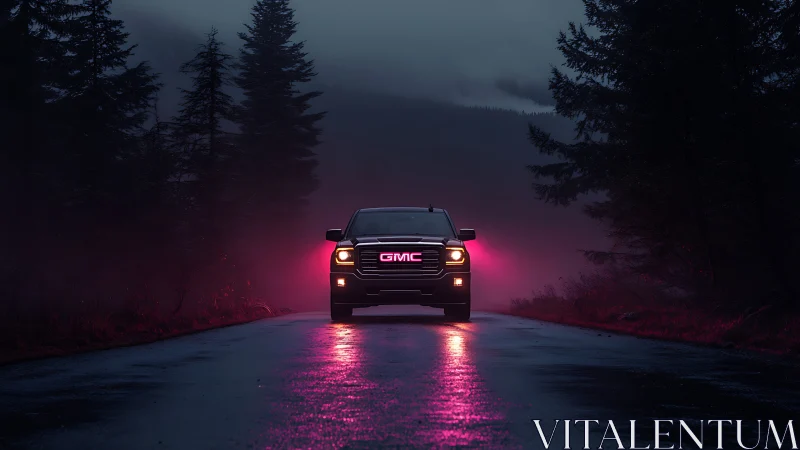 GMC truck cuts neon mist on wet forest highway at dusk.