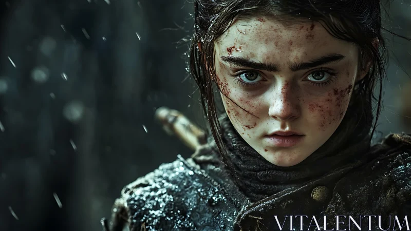 Storm-eyed girl warrior stares down the frozen battlefield.