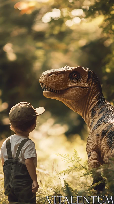 Child studies lifelike dinosaur model in sunlit woodland clearing