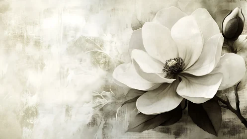 Monochrome magnolia blossom rendered with textured digital shading