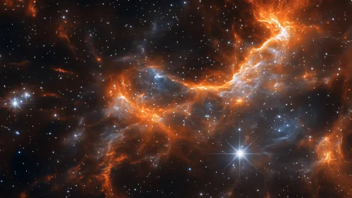 Fiery orange nebula clouds surrounding bright white stars.