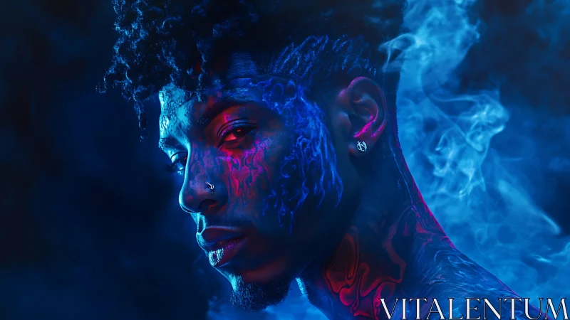 Moody blue and red portrait of tattooed man in smoke glow.