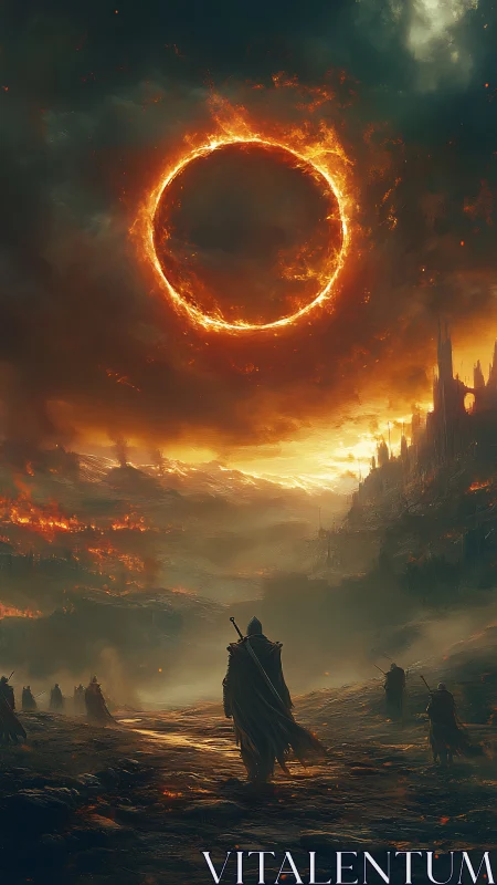 Apocalyptic ringed eclipse above war-torn fantasy valley scene.