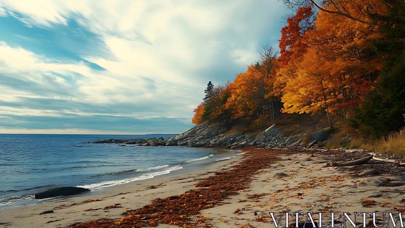 Autumn Coastal Beach with Deciduous Forest Bluff