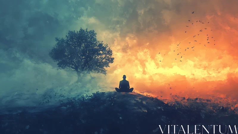 Solitary figure meditates between storm and burning sky