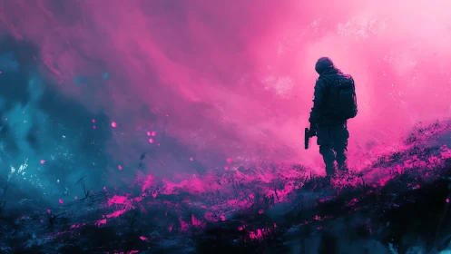 Lone soldier in neon wasteland under radiant pink sky.