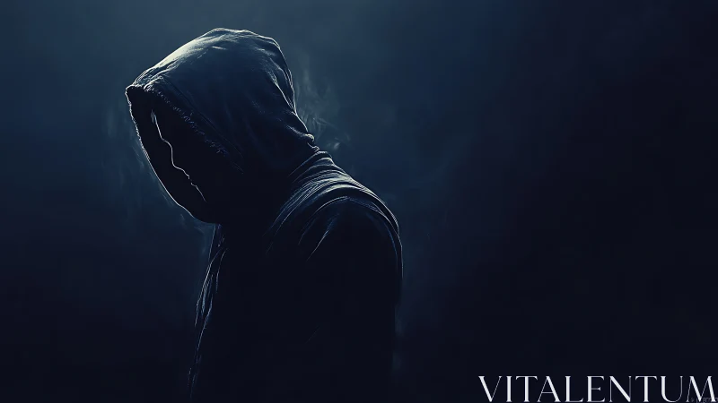 Hooded figure in quiet blue shadows of late night reflection.
