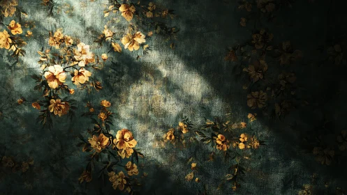 Soft morning light gently warms vintage floral wallpaper