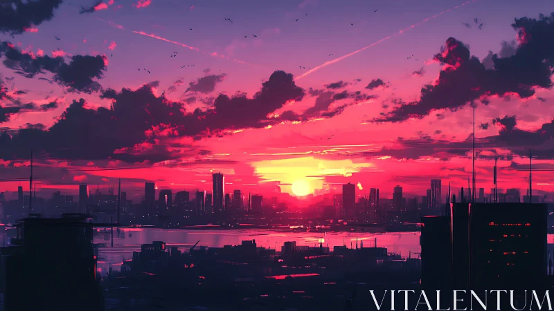 Neon magenta sunset over futuristic riverside megacity skyline