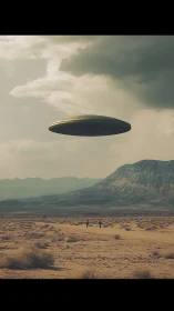 Desert plateau overflight by lenticular metallic spacecraft.
