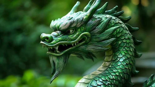 Emerald dragon bust shows scaley surface detailing and shallow depth of field