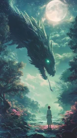 Moonlit forest dragon confronts lone figure in misted ravine